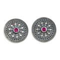 Fuchsia Mirage,'Round Sterling Silver Button Earrings with Cubic Zirconia'