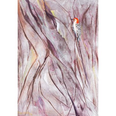 Woodpecker in Eucalyptus Tree,'Acrylic and Dyes on Paper Painting of A Woodpecker in A Tree'