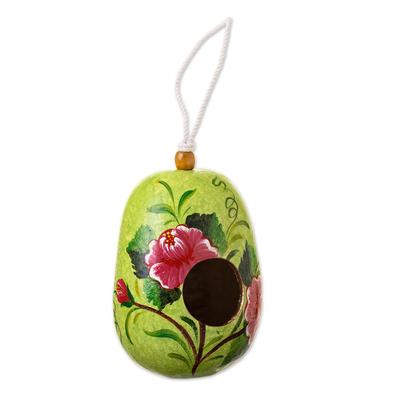 Avian Condo,'Dried Mate Gourd Green Hand Painted Birdhouse from Peru'