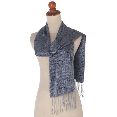 Lovely Maze,'Blue and Black Maze Silk Scarf with Fringe and Gift Box'