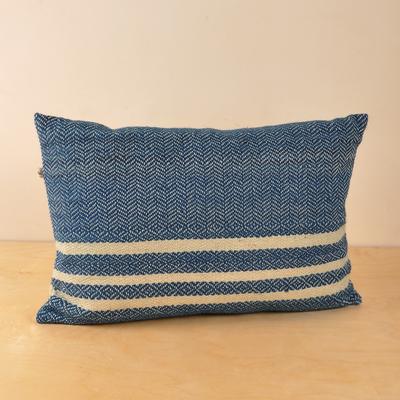 Indigo Signals,'Indigo and Ecru Wool Cushion Cover with Geometric Motifs'