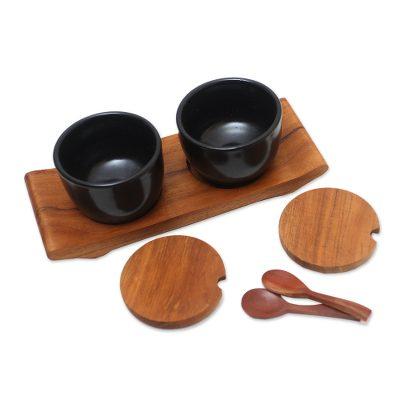 Flavor Duo in Black,'Hand Crafted Ceramic and Teak Wood Condiment Set'