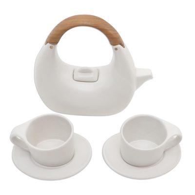 Resting Cloud in White,'Balinese Matte White Ceramic Tea Set with Teak Handle'