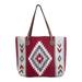 Red Starburst,'Handwoven Leather Accent Red Wool Zapotec Tote Bag'