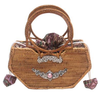 Pearl Spirit,'Natural Fiber Handbag with Pink Pearl and Sterling Silver'