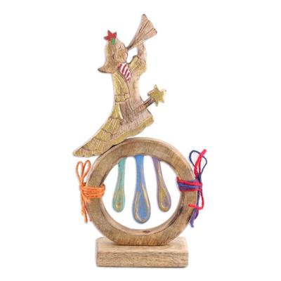 Divine Wish,'Hand-Painted Mango Wood Sculpture of Christmas Angel'