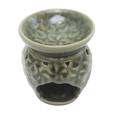 Jepun Flowers,'Frangipani Motif Green Ceramic Oil Warmer'