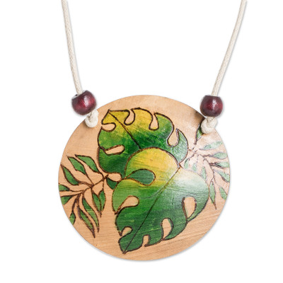 Leafy Spirit,'Leafy Hand-Painted Calabash Gourd Pendant Necklace'