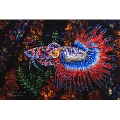 A Couple Teen Betta Fish,'Signed Betta Fish Couple Painting from India'