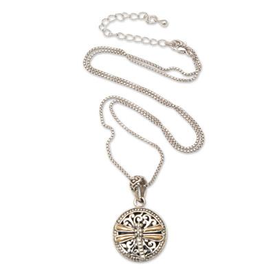 '18k Gold-Accented Round Dragonfly Pendant Necklace from Bali'