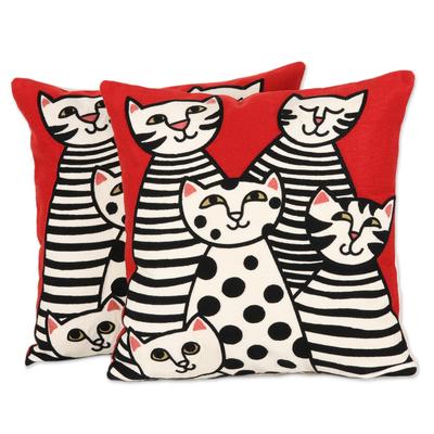 Cat Family,'Cat-Themed Embroidered Cotton Cushion Covers (Pair)'