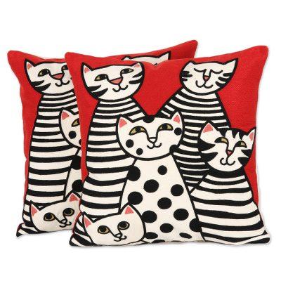 Cat Family,'Cat-Themed Embroidered Cotton Cushion Covers (Pair)'