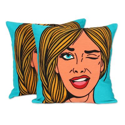 Wink,'Embroidered Cotton Cushion Covers of a Woman Winking (Pair)'