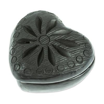 Heart & Flower,'Barro Negro Black Ceramic Mini Jewelry Box Crafted in Mexico'