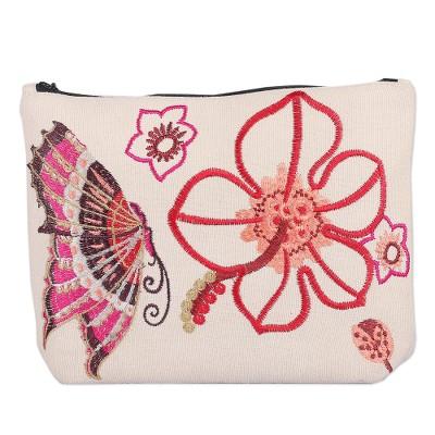 'Embroidered Butterfly and Floral-Themed Cotton Cosmetic Bag'