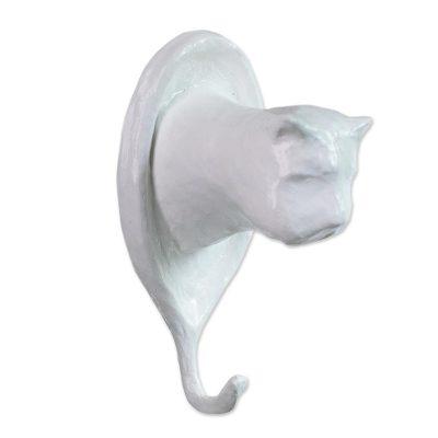 Mimi,'White Papier Mache Cat Wall Hook'