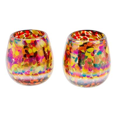 Confetti Pop,'Pair of Colorful Stemless Wine Glasses Handblown in Mexico'