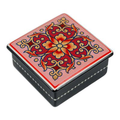 'Lacquered Hand-Painted Pink Papier Mache Floral Jewelry Box'