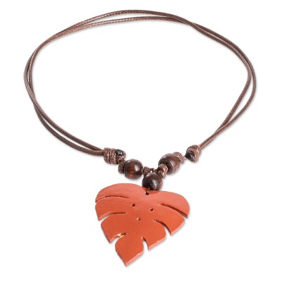 Jungle Terracotta,'Terracotta Calabash Gourd Pendant Necklace with Wood Beads'
