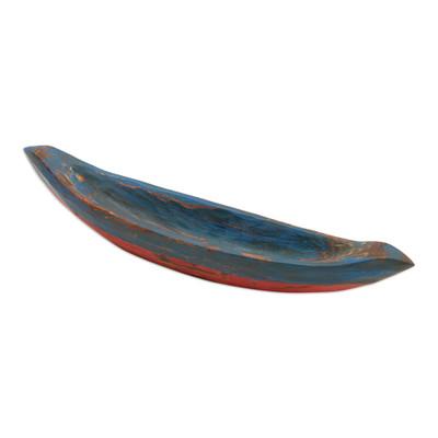 Wood catchall, 'Vintage Blue Canoe'