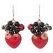 Love Garden in Red,'Heart Shaped Red Quartz Onyx and Glass Bead Dangle Earrings'