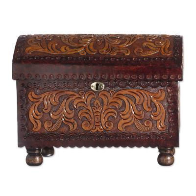 Colonial Style,'Vine Pattern Leather and Wood Jewelry Chest from Peru'