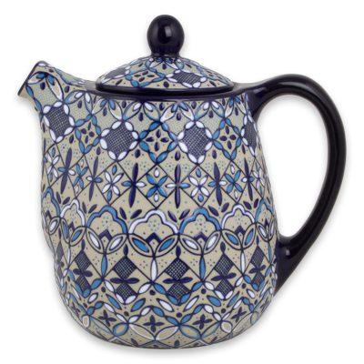 Blue Bajio,'Handcrafted Ceramic Floral Coffee Pot in Blues on Beige'