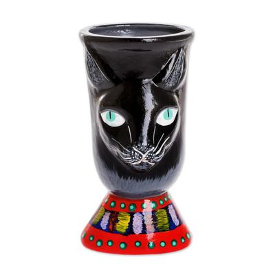 Top Cat in Black,'Hand-Painted Ceramic Flower Pot'