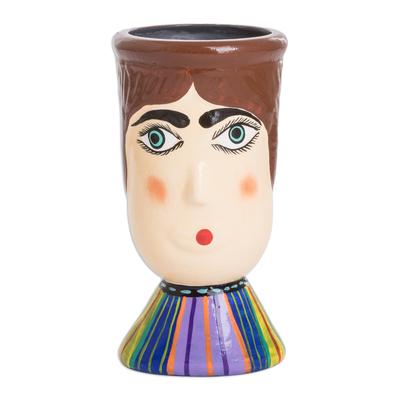 'Hand-Painted Striped Ceramic Flower Pot from Guatemala'