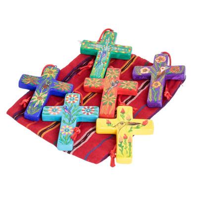 Floral Crosses,'Handmade Ceramic Cross Christmas Ornaments Set of 6'