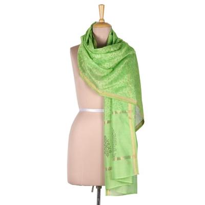 Kiwi Garden,'Handwoven Cotton and Silk Blend Scarf...