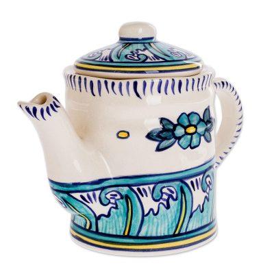 Bermuda,'Turquoise and White Ceramic Artisan Crafted Coffee Pot'