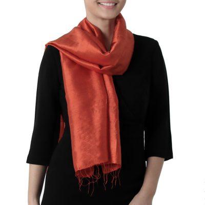 Hand Woven Fringed Silk Scarf in Vermilion from Thailand 'Otherworldly in Vermilion'
