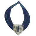 Posongo,'Ghanaian Blue Leather and Bone Statement Cord Necklace'