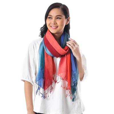 Sunset Breeze,'Blue and Red Cotton Wrap Scarves fr...