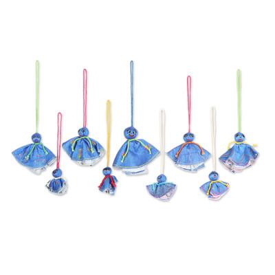 Blue Chekutty Dolls,'Set of 9 Embroidered Viscose Doll Holiday Ornaments in Blue'