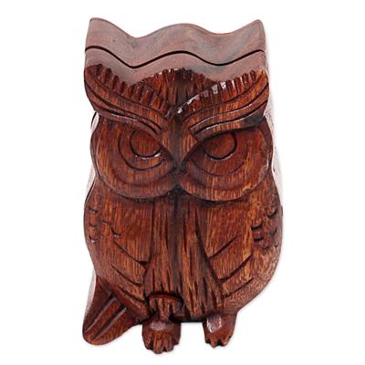 Serious Owl,'Hand Carved Wood Puzzle Box Owl Shape from Indonesia'