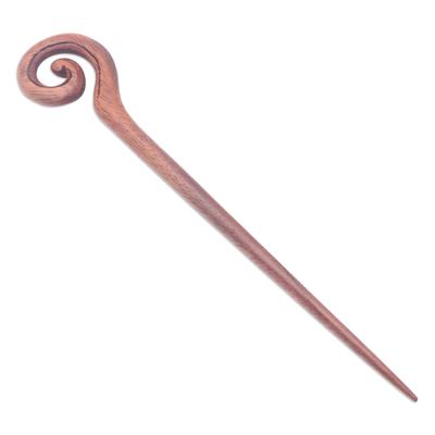 'Traditional Hand-Carved Spiral Suar Wood Hair Pin From Bali'