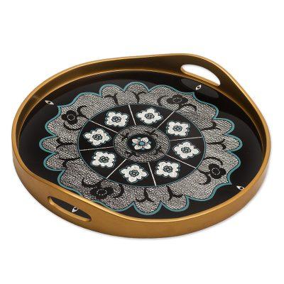 Andean Mandala in Silver,'Black and Silver Reverse-Painted Glass Tray'