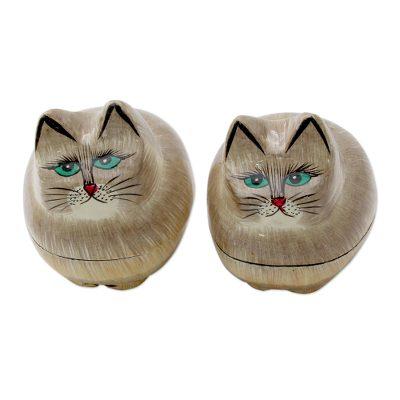 Papier mache boxes, 'Contented Kitties' (pair)