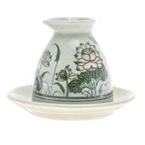 Luxuriant Lotus,'Green Celadon Ceramic Milk Pitcher and Saucer with Flowers'
