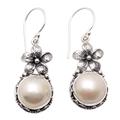 Pearly Frangipani,'Sterling Silver Frangipani Dangle Earrings with White Pearls'