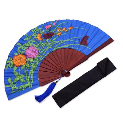 Magnificent Bouquet,'Floral Embroidered Silk Hand Fan in Caribbean Blue from Bali'