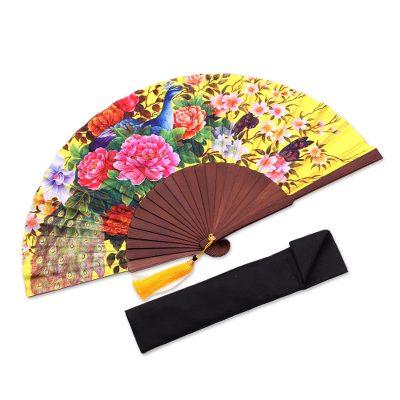 Chartreuse Bouquet,'Floral Printed Silk Hand Fan Crafted in Bali'