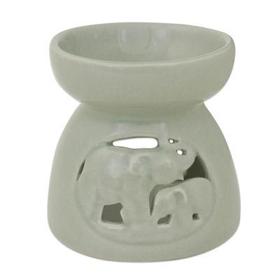 Mother and Baby,'Thailand Elephants Handmade Green Ceramic Clay Oil Warmer'