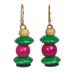 Raspberry Bush,'Pink and Green Stacked Sese Wood Beaded Dangle Earrings'