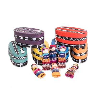 Country Treasures,'Six Cotton Worry Dolls and Pinewood Boxes from Guatemala'