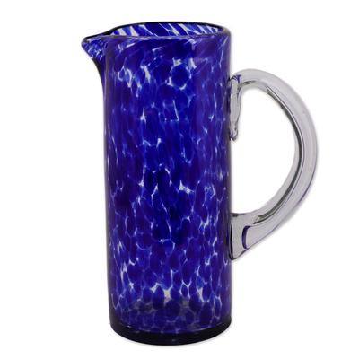 'Dotted Blue' - Hand Blown Glass Pitcher 33 Oz Tall Clear Mexico