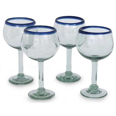 'Sapphire Globe' (set of 4) - Handblown Recycled Glass Blue and Clear Wine