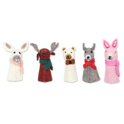 Barnyard Holiday,'5 Wool Felt Farm Animal Bottle Toppers Handmade in India'